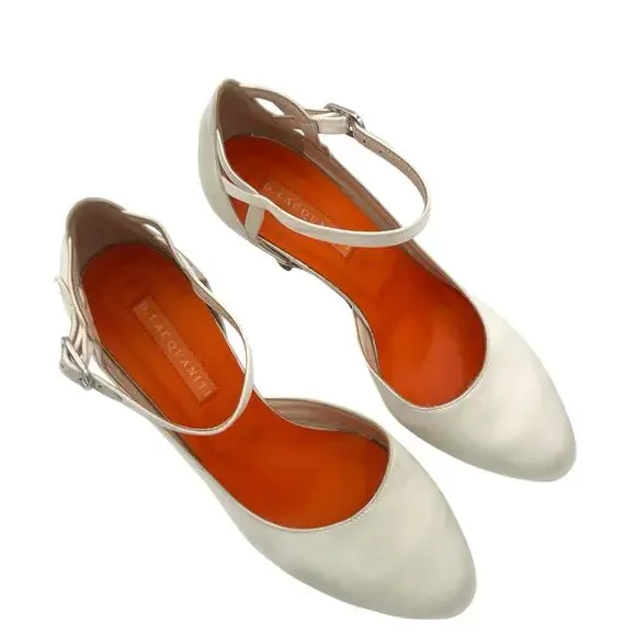 D. Lacquaniti white Satin d'Orsay Mary Jane heels Sz 37 Bridal Luxury Designer - Picture 5 of 11